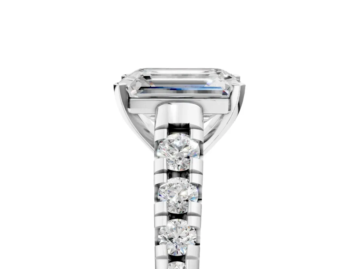 Emerald Cut Diamond Cathedral Solitaire Ring with Round Moissanite Pavé Band Platinum