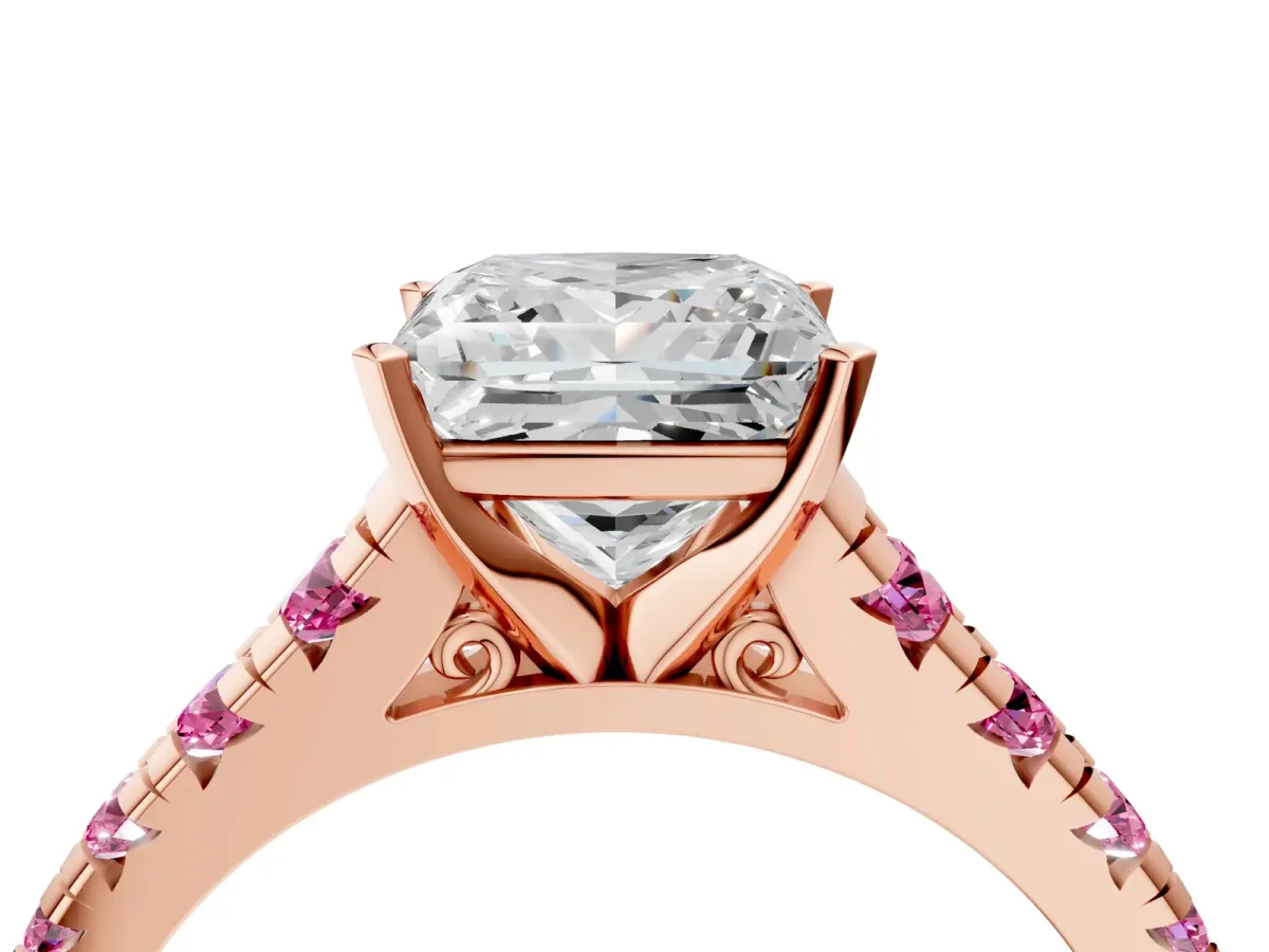 Princess Cut Diamond Cathedral Solitaire Ring with Round Pink Sapphire Pavé Band Rose gold