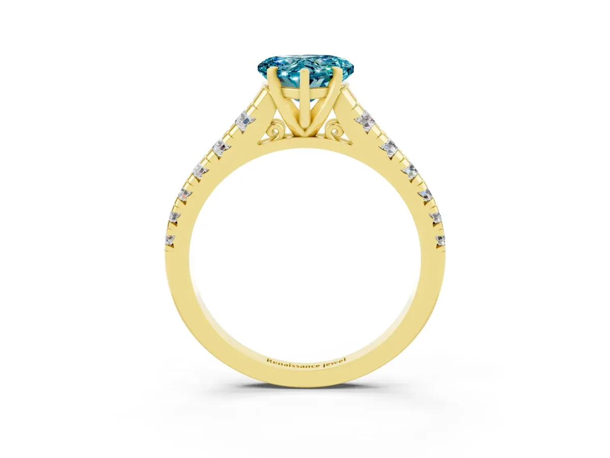 Heart Cut Blue Topaz Cathedral Solitaire Ring with Round Pavé Band Yellow gold