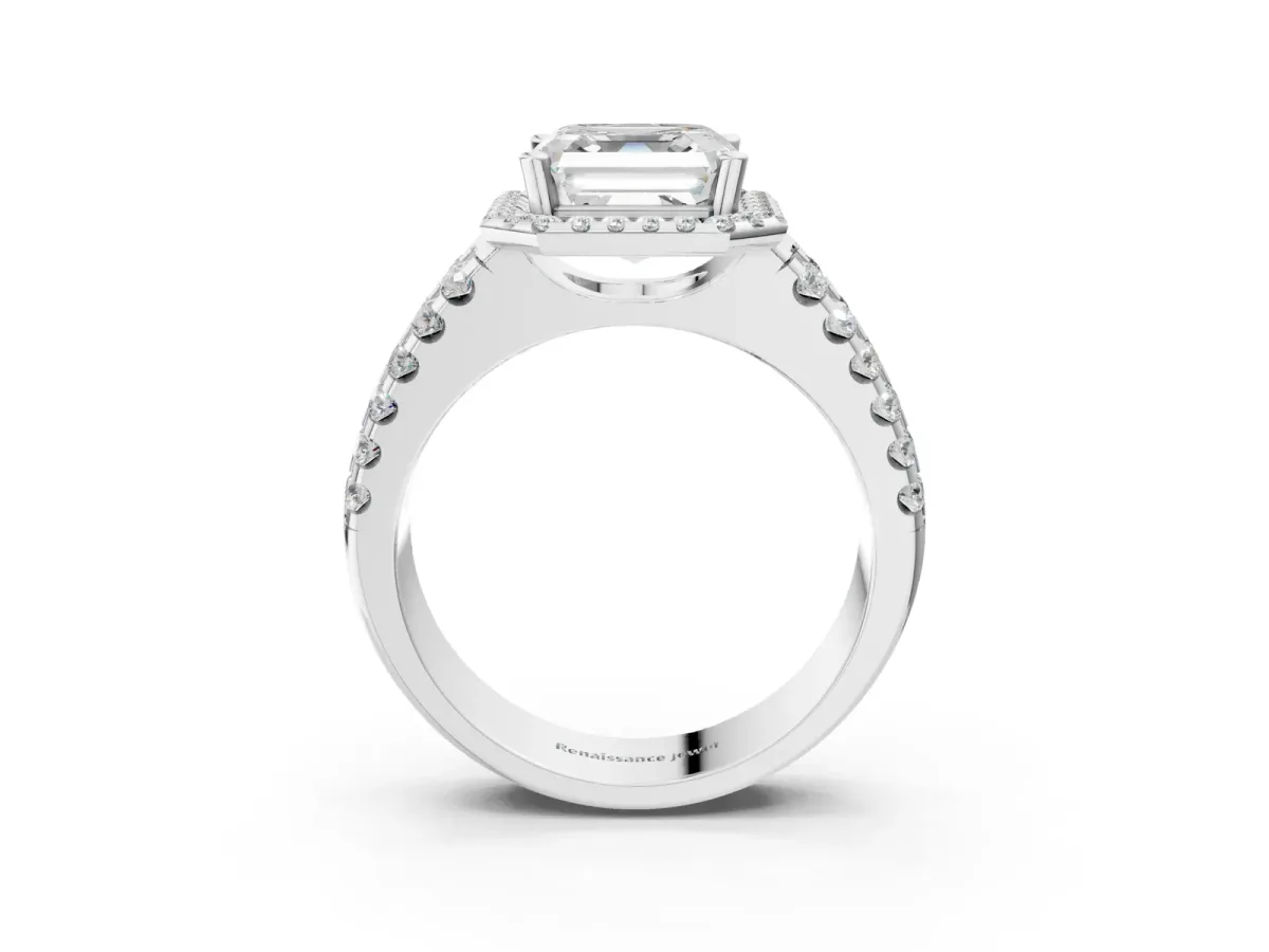 Asscher Cut Halo Diamond Split Shank Engagement Ring with Prong Setting Platinum