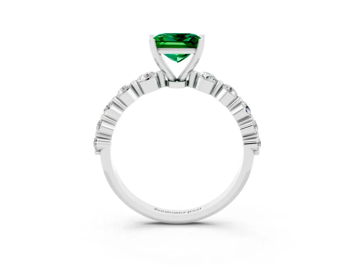 Princess Cut Solitaire Emerald Ring with Pave Band and Four-Prong Setting Silver