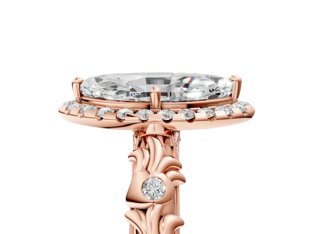Marquise Cut Diamond Halo Ring with Filigree Band and Prong Setting Rose gold