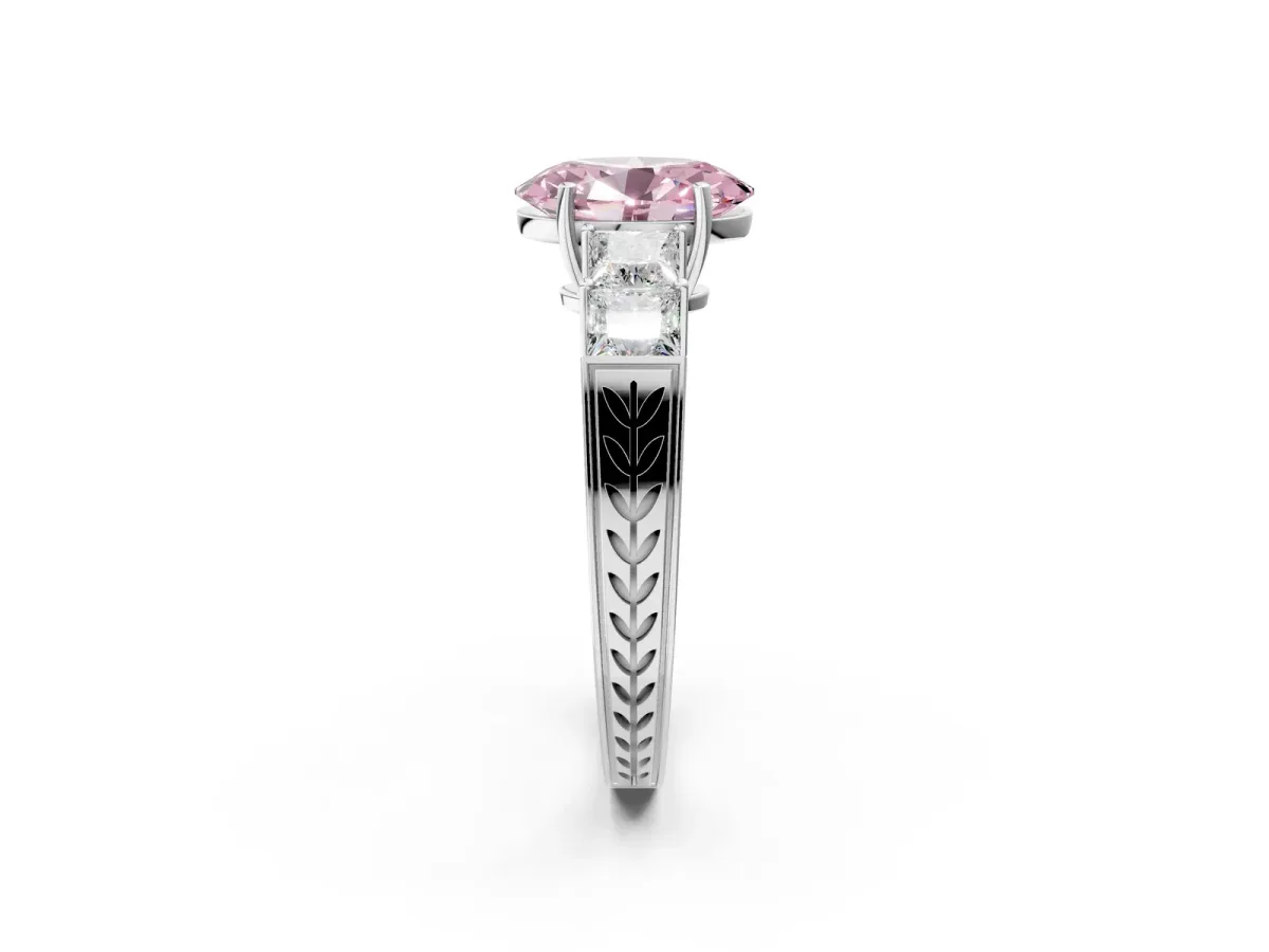 Fancy Pink Oval Cut Solitaire Princess Side Stone Engraved Band Prong Setting Ring Silver