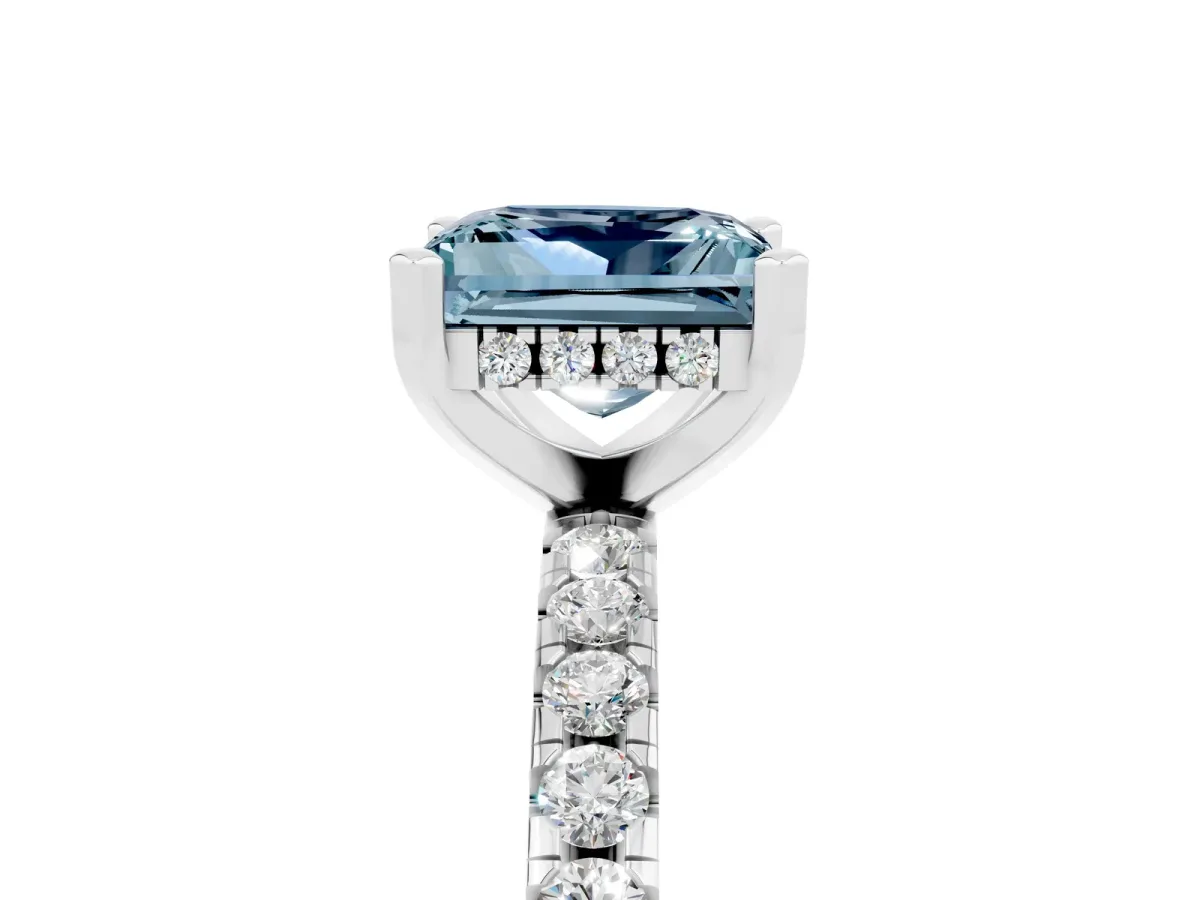 Princess Cut Aquamarine Solitaire Ring with Round Pavé Band and Four-Prong Setting White gold