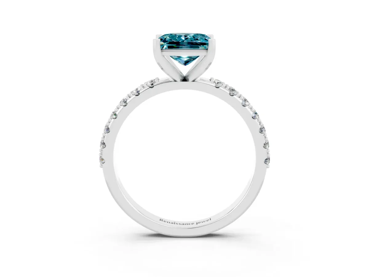 Princess Cut Blue Topaz Solitaire Pavé Band with Four-Prong Setting Silver