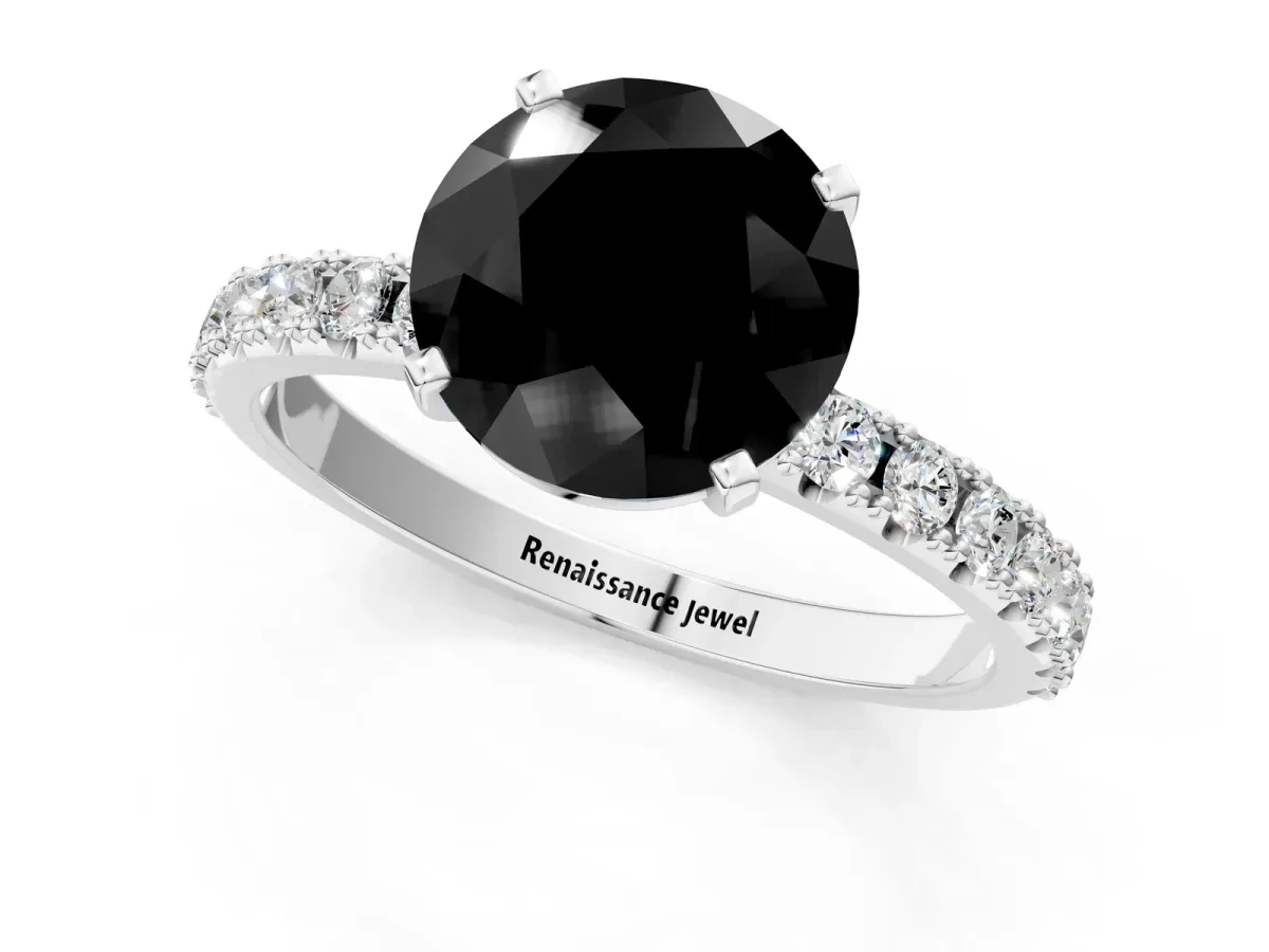 Fancy Black Round Cut Diamond Solitaire Pavé Band with Four-Prong Setting Platinum