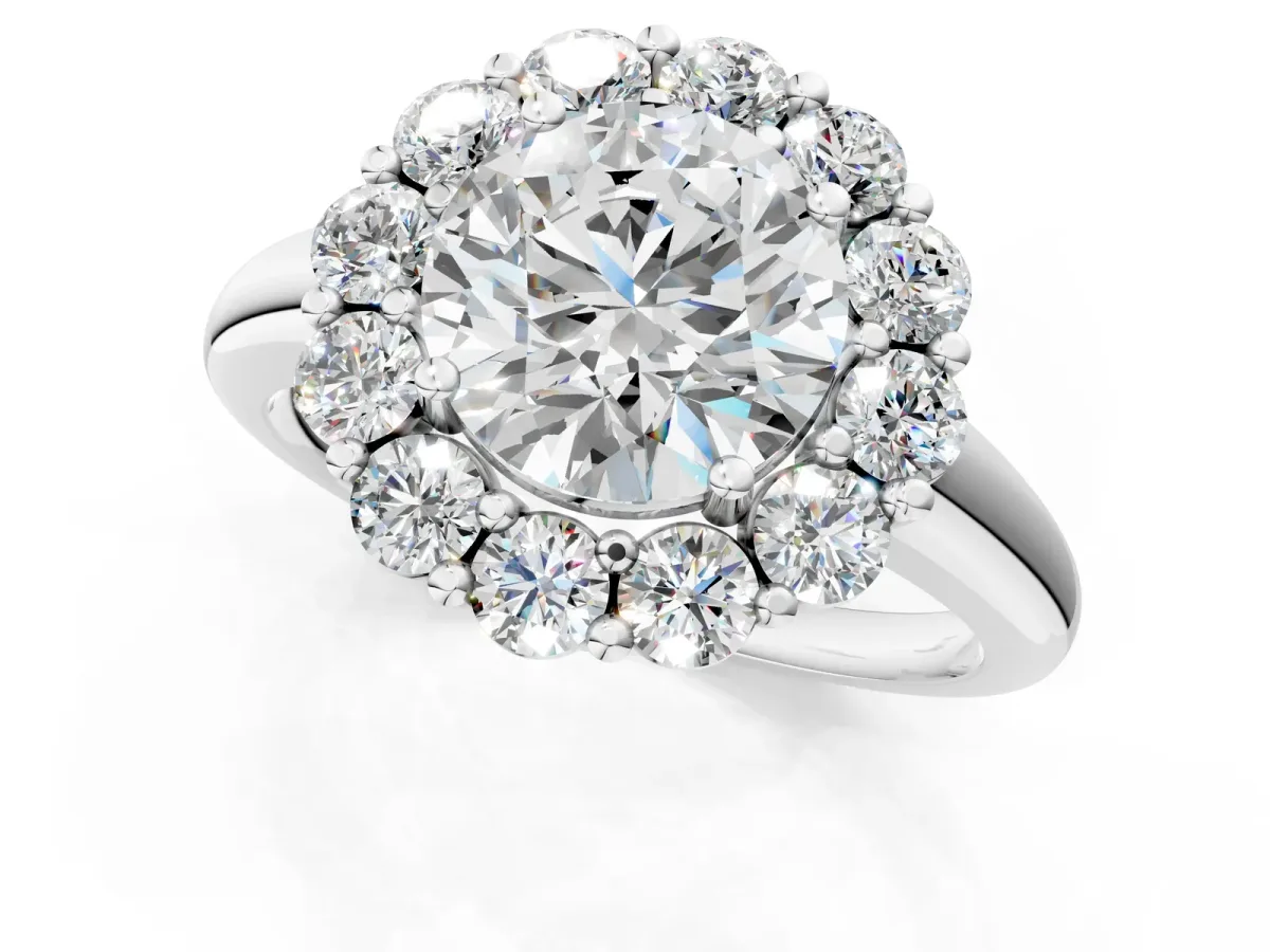 Round Cut Halo Cluster Diamond Engagement Ring with Prong Setting and Polished Band White gold