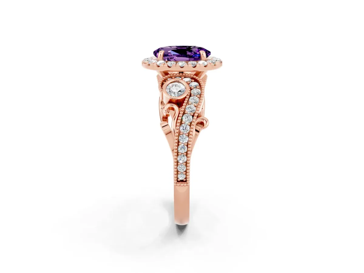 Oval Cut Amethyst Halo Ring with Milgrain Pavé Band and Four-Prong Setting Rose gold