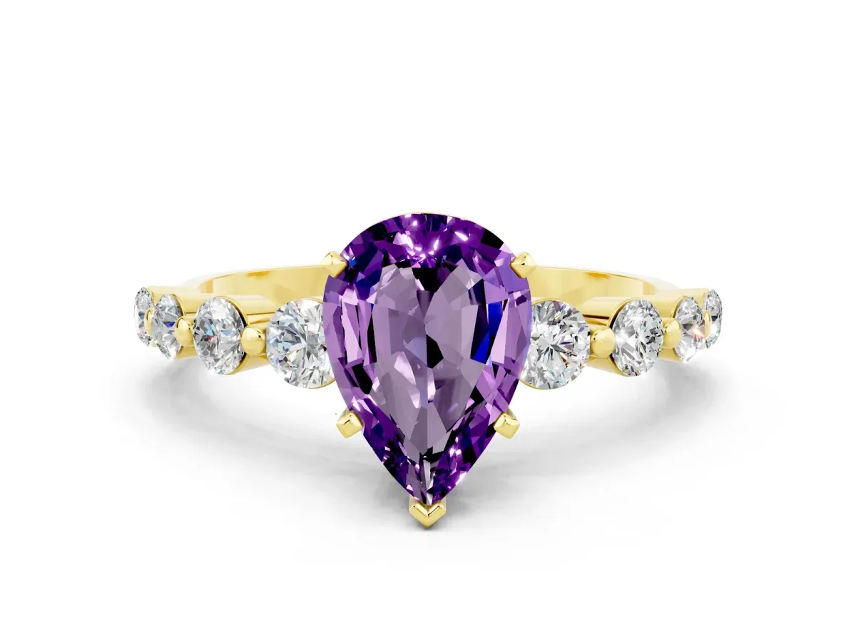Pear Cut Solitaire Amethyst Ring with Pave Band and Four-Prong Setting Yellow gold