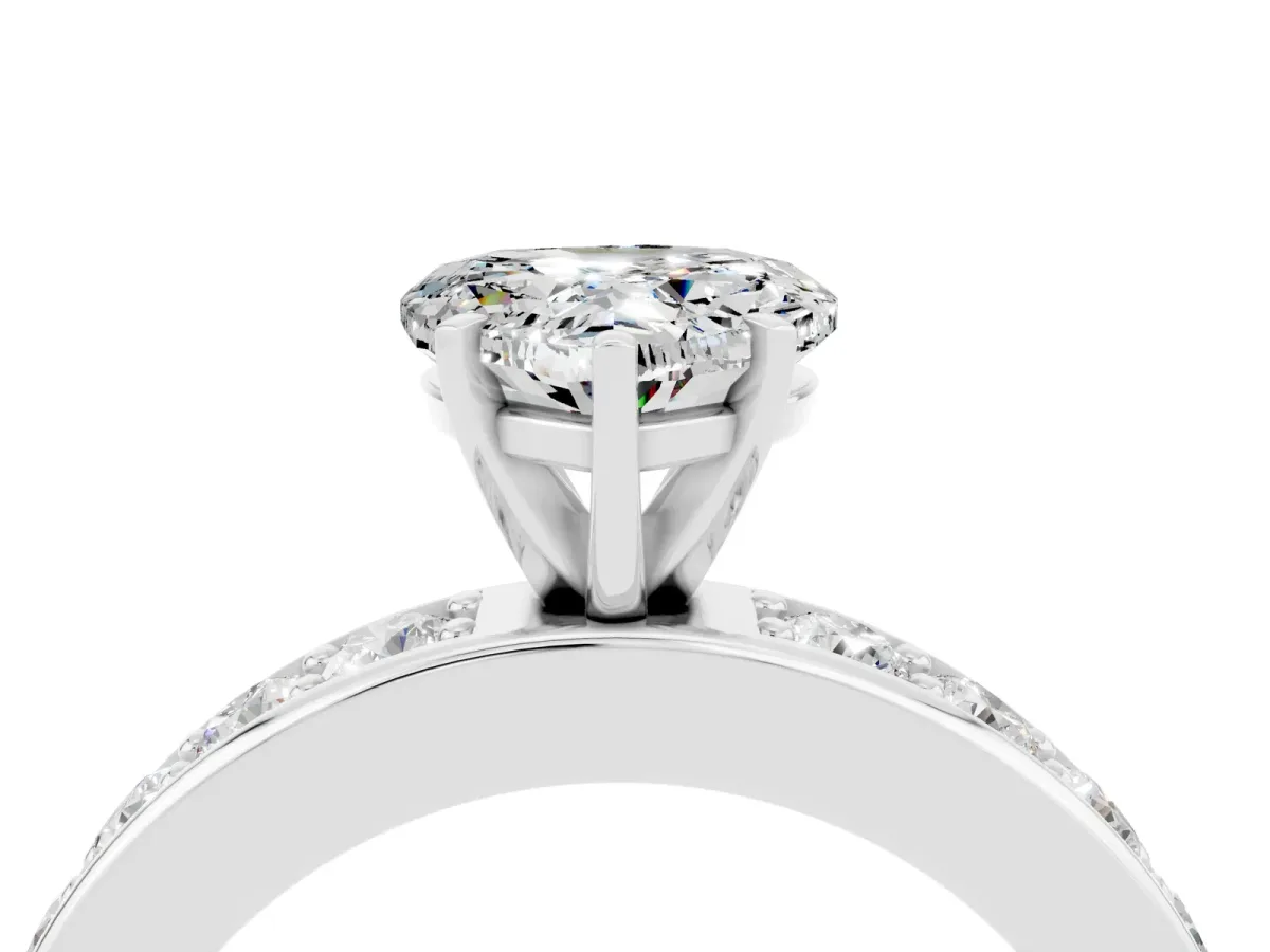 Heart Cut Moissanite Engagement Ring with Channel Set Round Band and Prong Setting White gold