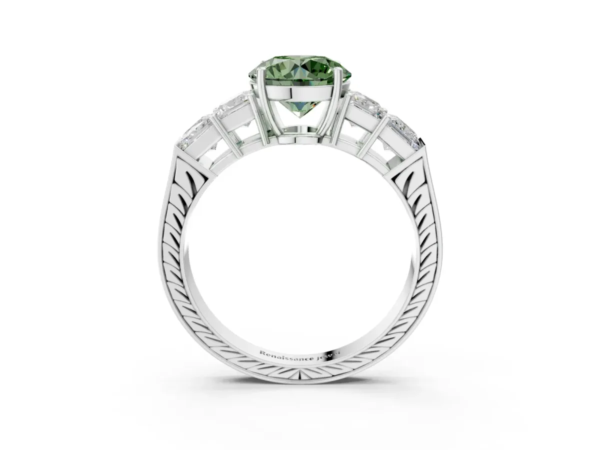 Fancy Green Round Cut Solitaire Princess Side Stone Engraved Band Prong Setting Ring Silver