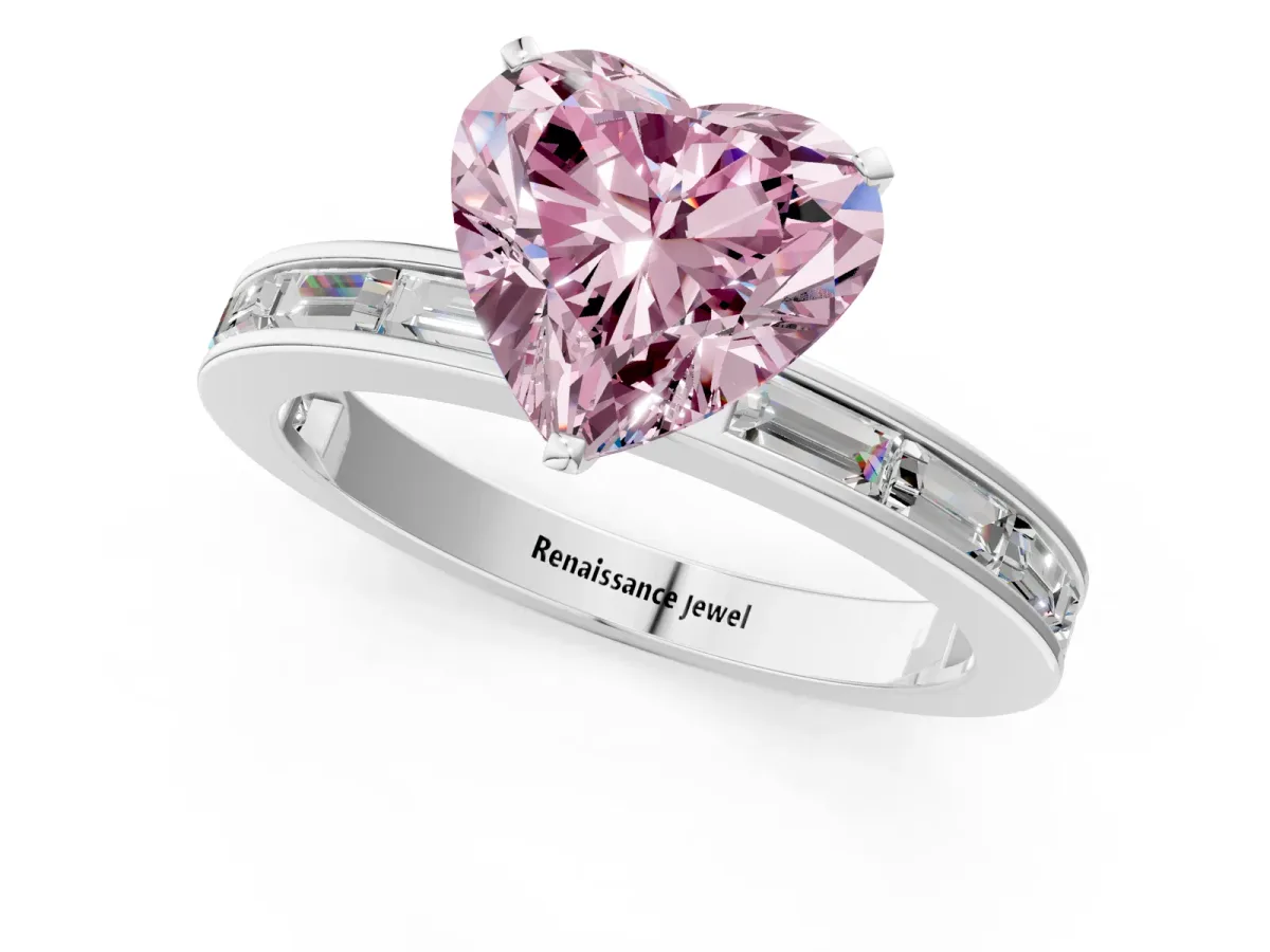 Fancy Pink Heart Cut Solitaire Diamond Ring with Channel-Set Baguette Band and Four-Prong Setting White gold