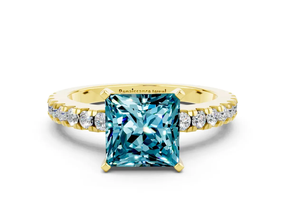 Princess Cut Solitaire Blue Topaz with Pavé Band and Four-Prong Setting Yellow gold