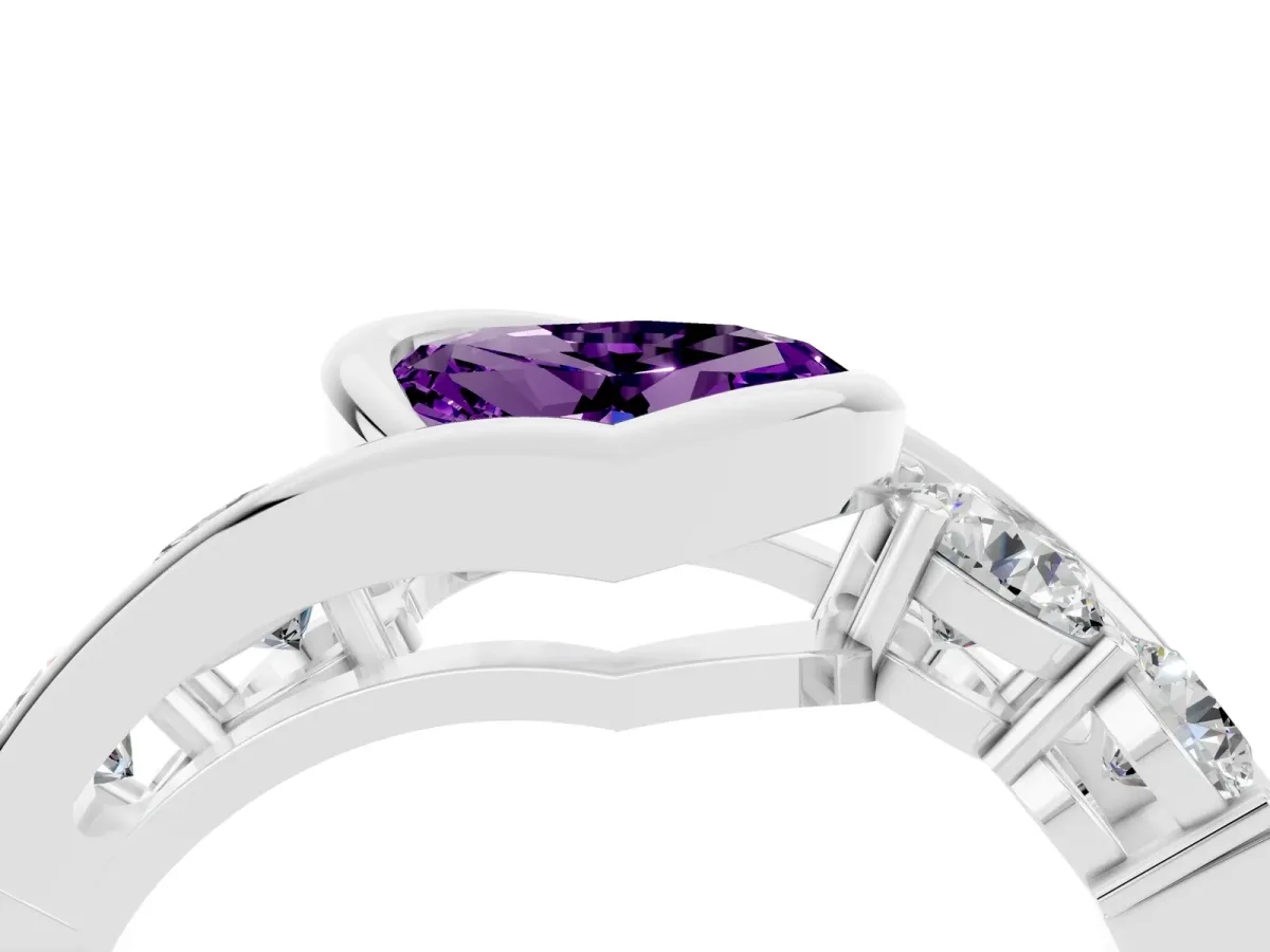 Bezel Set Heart Cut Amethyst Bypass Ring with Round Accents Silver