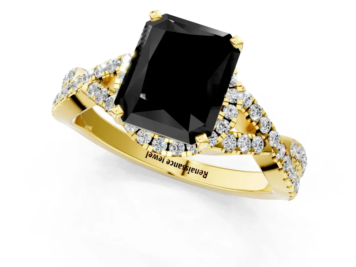 Fancy Black Radiant Cut Diamond Halo Twist Band Solitaire Prong Setting Ring Yellow gold