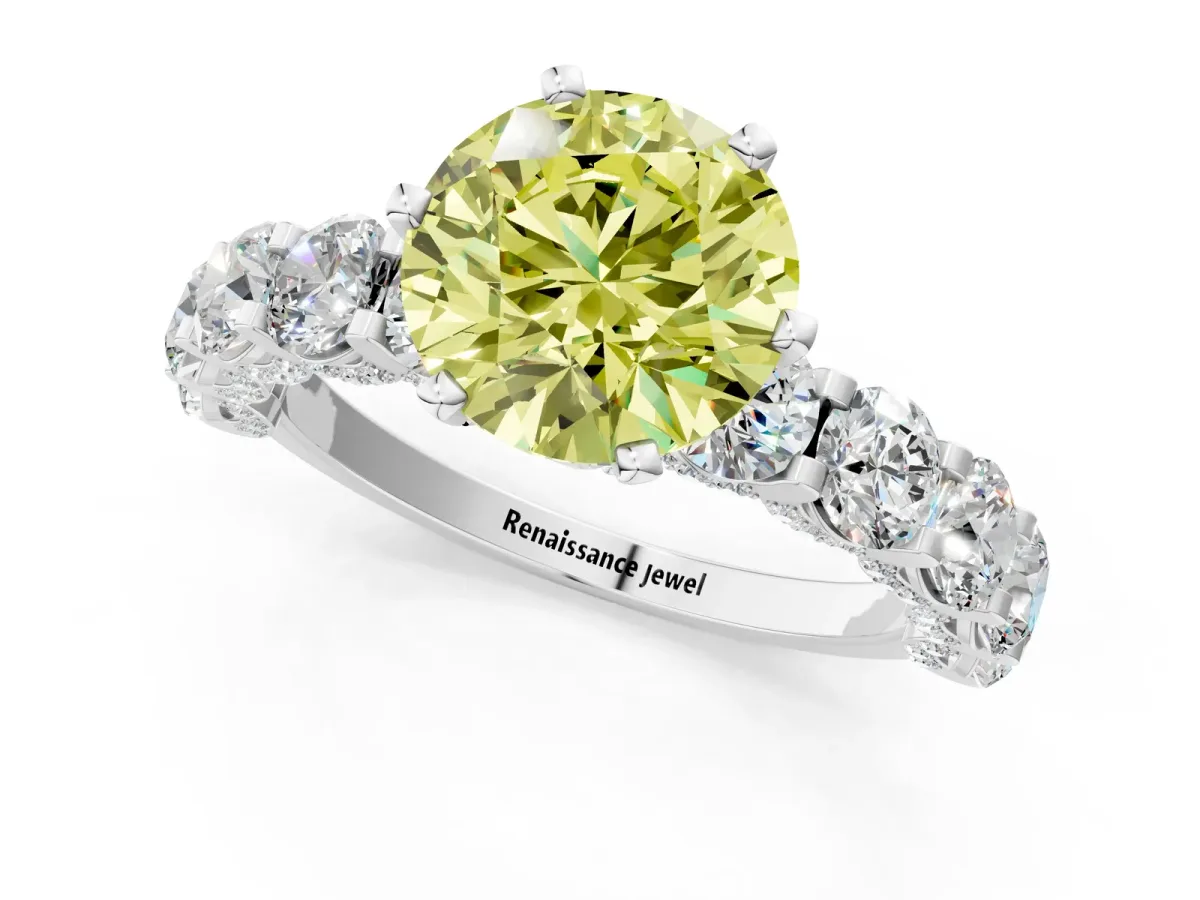 Fancy Yellow Round Cut Diamond Side Stone Engagement Ring with Four-Prong Setting Silver