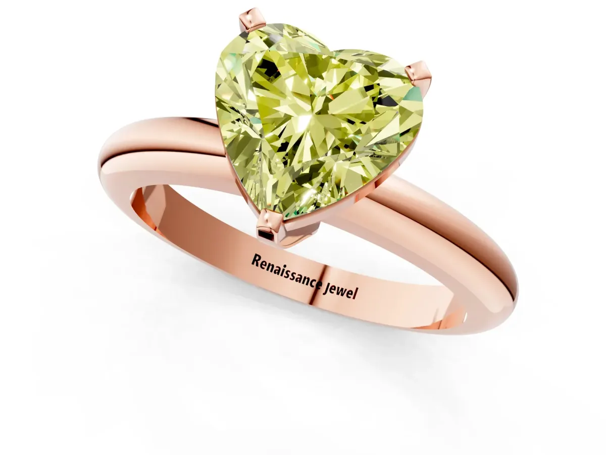 Fancy Yellow Heart Cut Diamond Solitaire Engagement Ring with Round Band and Four-Prong Setting Rose gold