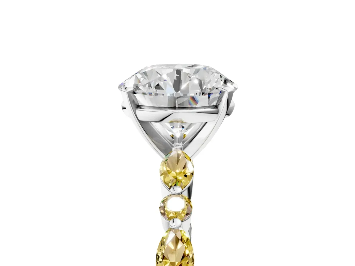 Round Cut Diamond Ring with Marquise and Round Yellow Sapphire Side Stones and Four-Prong Setting Platinum