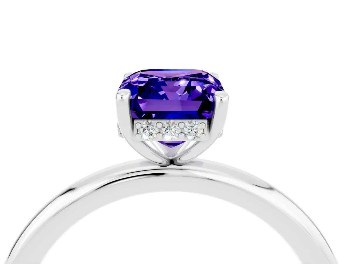 Emerald Cut Tanzanite Solitaire Ring with Thin Band and Four-Prong Setting White gold
