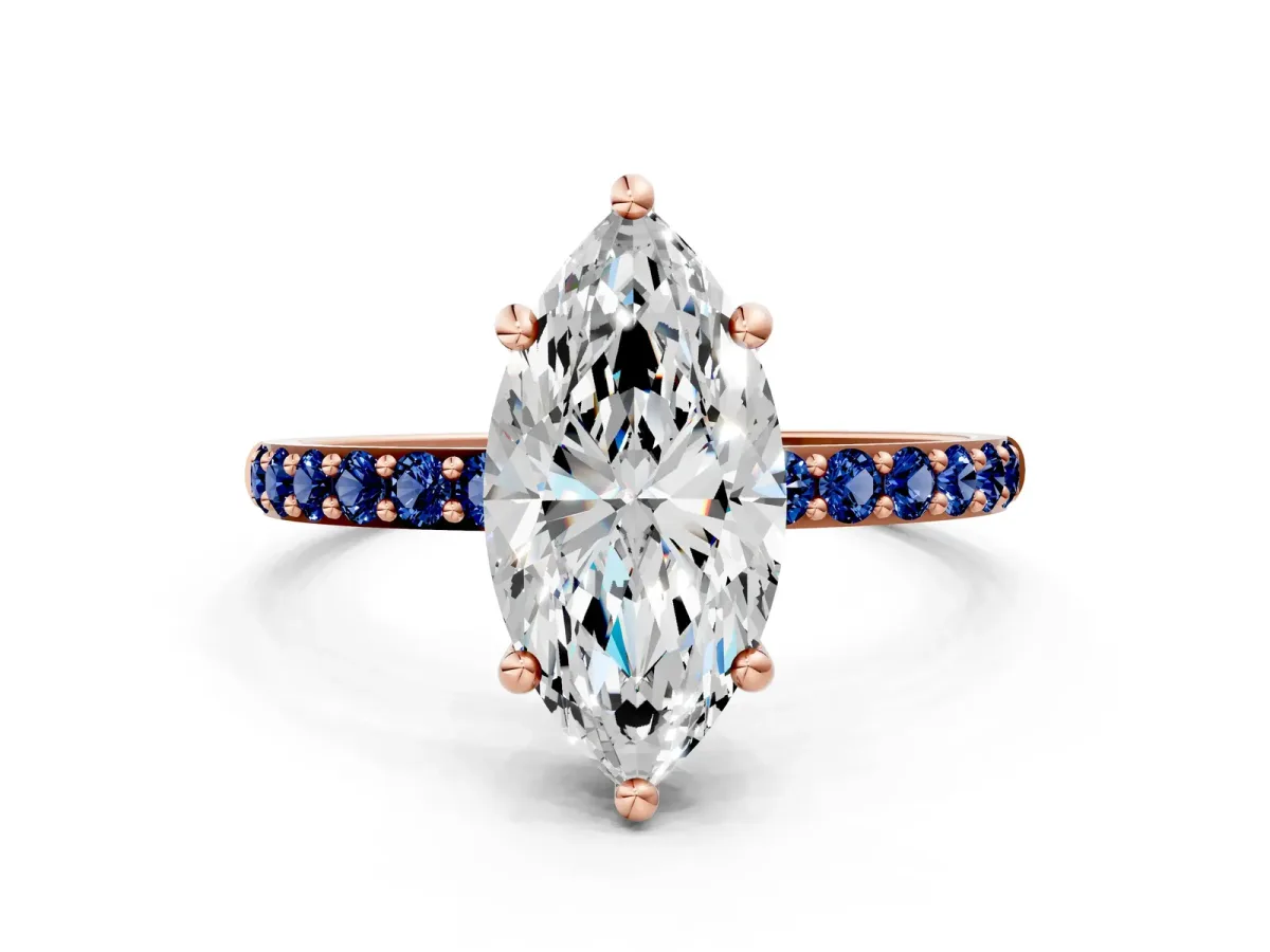 Marquise Cut Diamond Solitaire Ring with Round Blue Sapphire Pavé Band and Prong Setting Rose gold