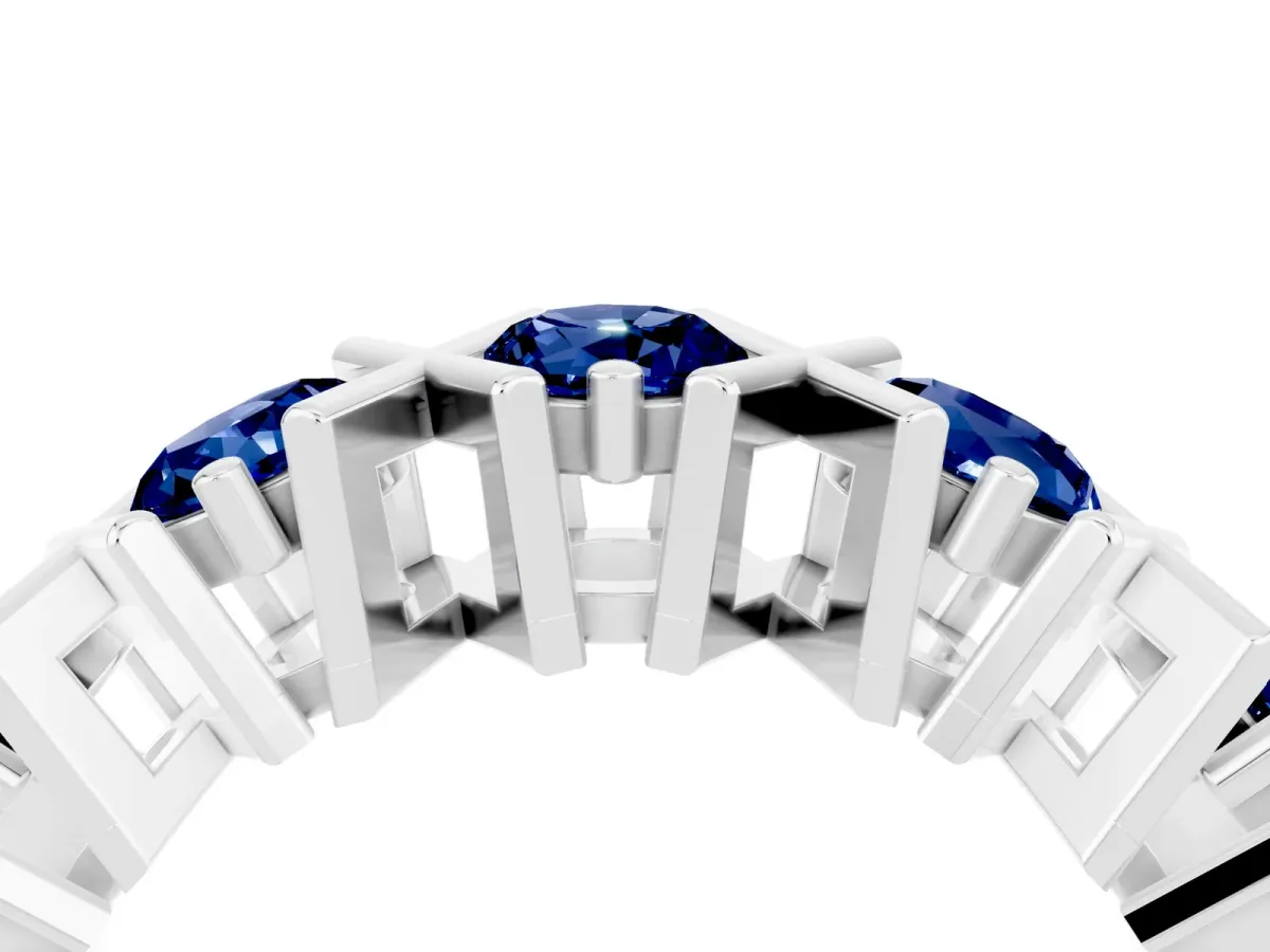 Round Blue Sapphire Channel Set Band with X-Prong Detail White gold