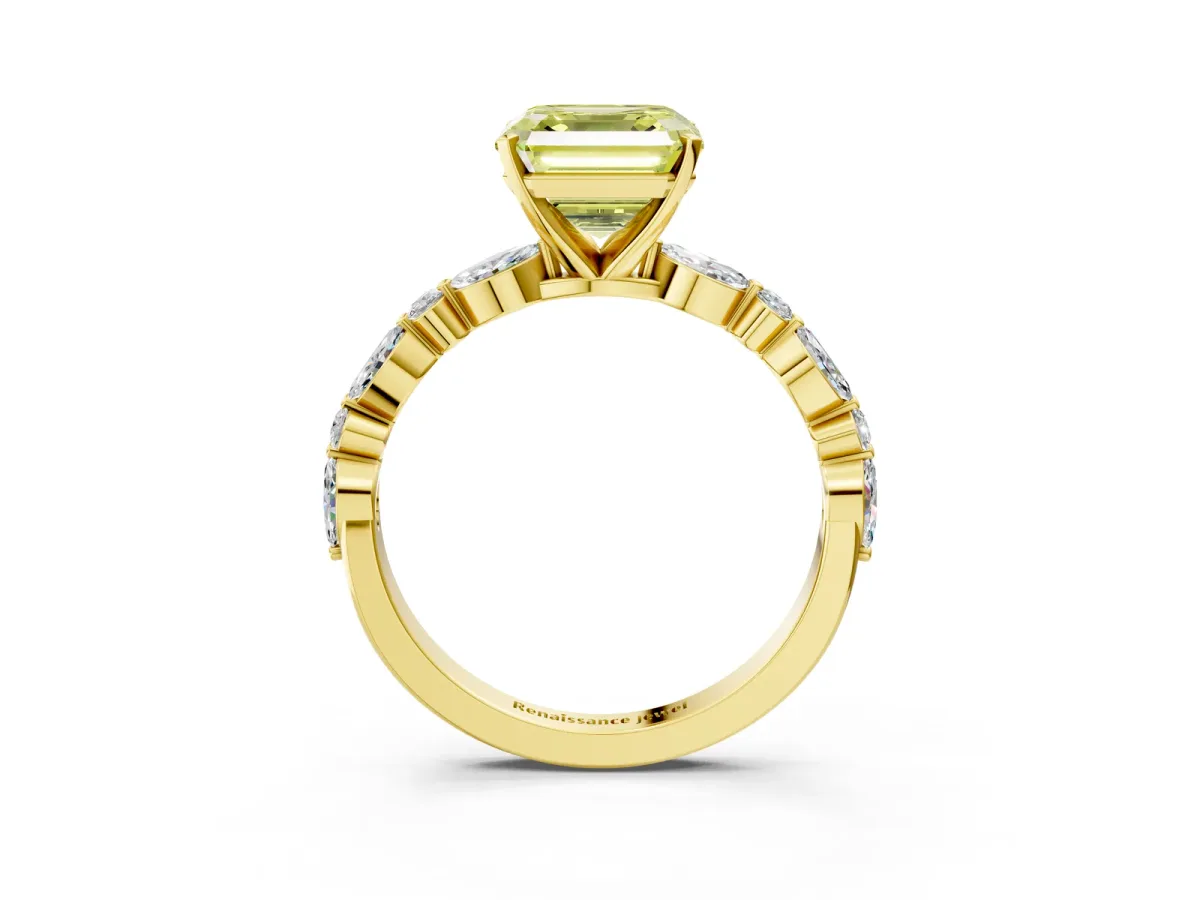 Fancy Yellow Asscher Cut Diamond Ring with Marquise and Round Side Stones and Four-Prong Setting Yellow gold