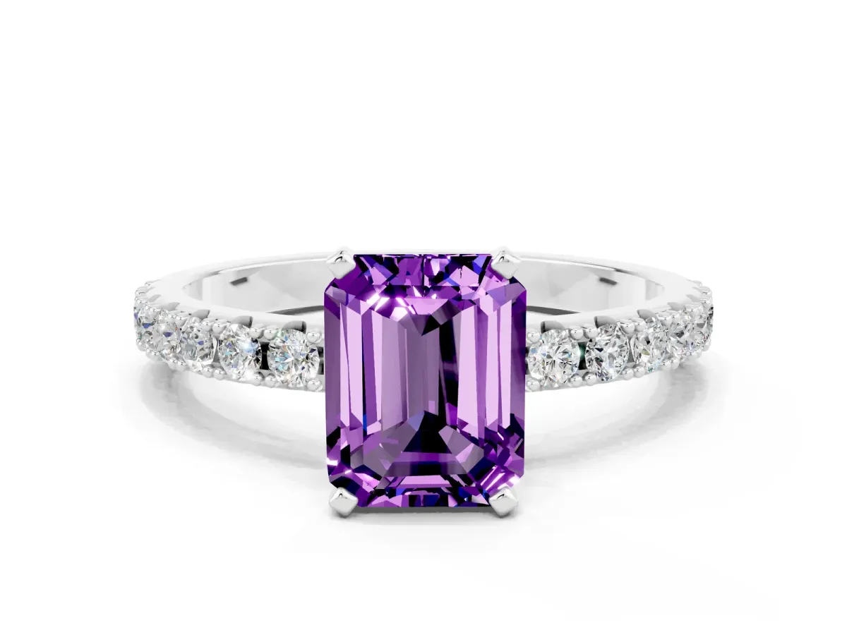 Emerald Cut Amethyst Solitaire Pavé Band with Four-Prong Setting Silver