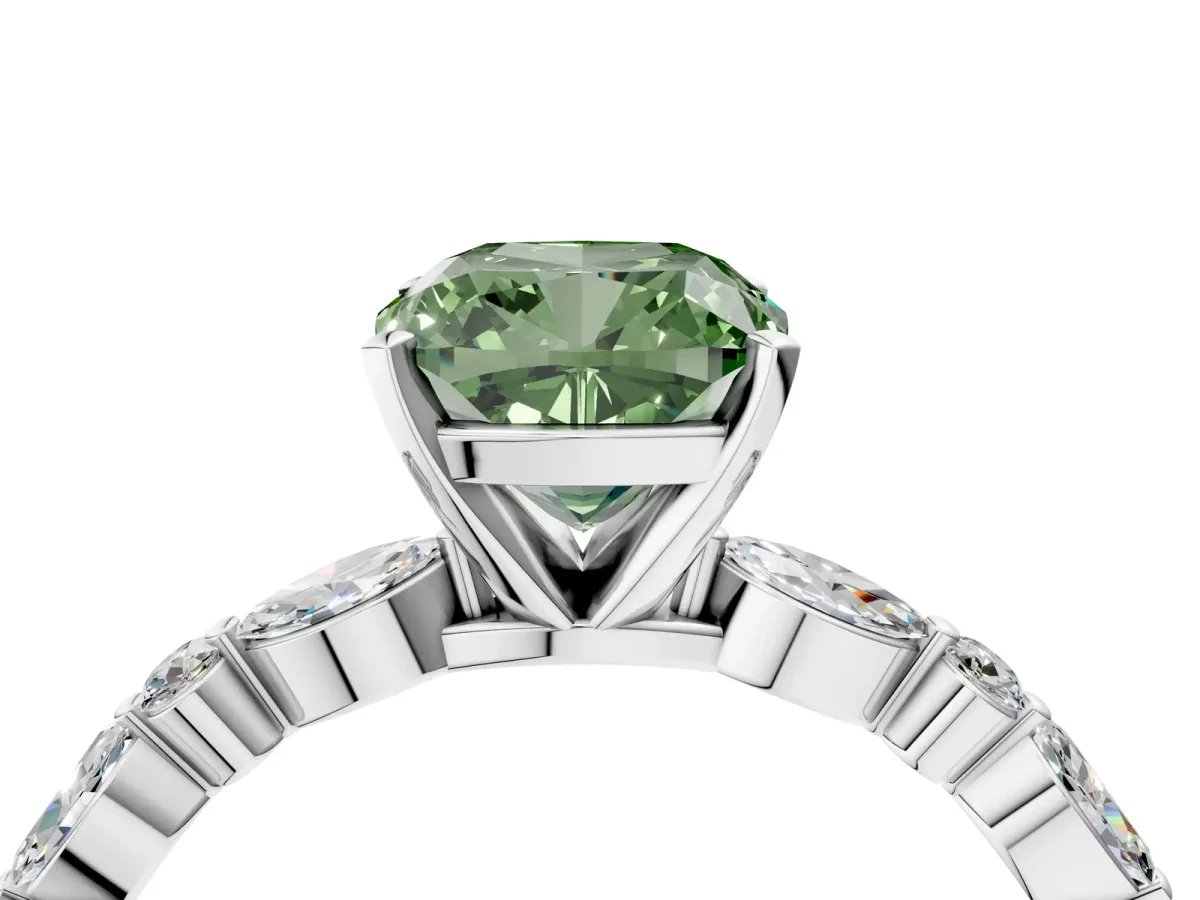 Fancy Green Cushion Cut Diamond Ring with Marquise and Round Side Stones and Four-Prong Setting White gold