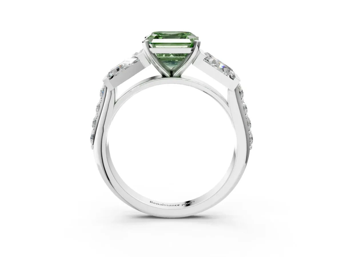 Fancy Green Asscher Cut Diamond Engagement Ring with Baguette Side Stones and Channel Set Band Platinum