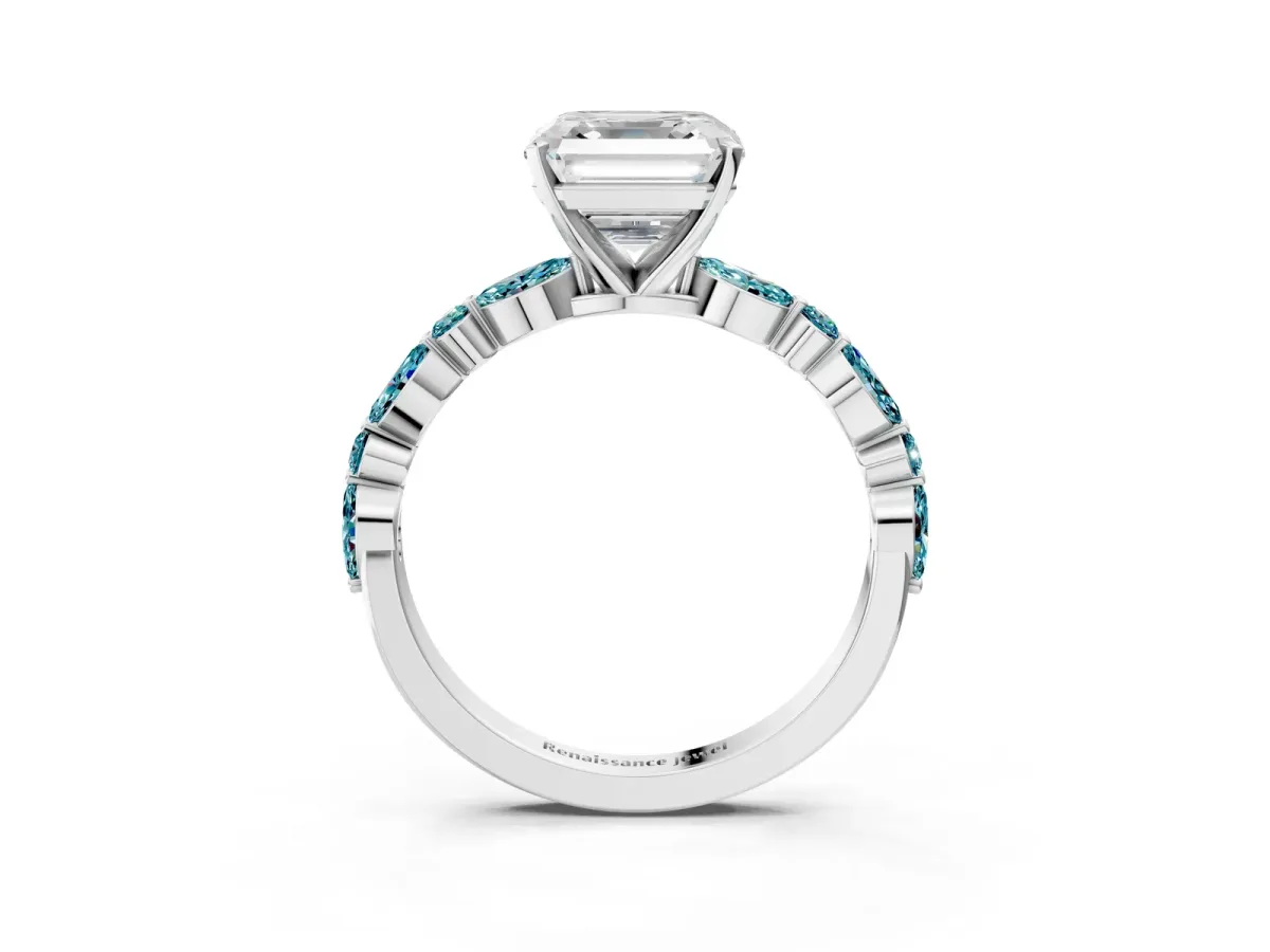 Asscher Cut Diamond Ring with Marquise and Round Blue Topaz Side Stones and Four-Prong Setting White gold