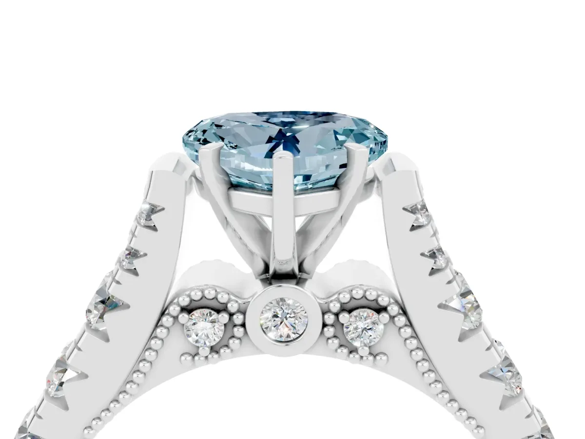 Heart Cut Aquamarine Classic Solitaire Ring with Pavé Band and Four-Prong Setting White gold