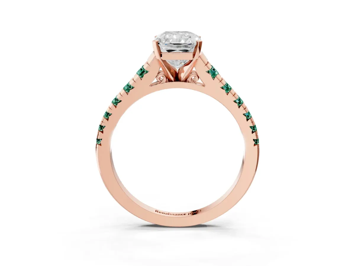 Radiant Cut Diamond Cathedral Solitaire Ring with Round Green Sapphire Pavé Band Rose gold