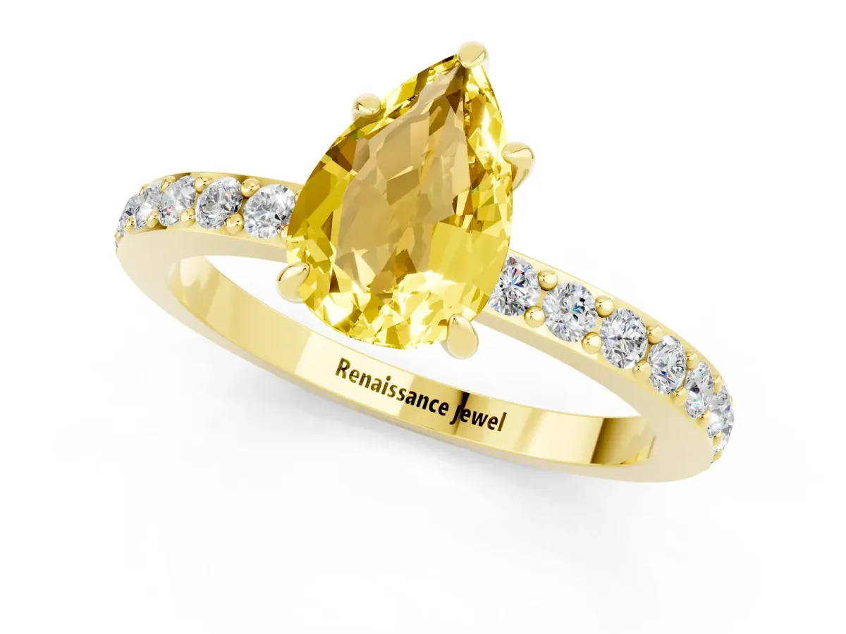 Pear Cut Yellow Sapphire Solitaire Engagement Ring with Pavé Band and Four-Prong Setting Yellow gold