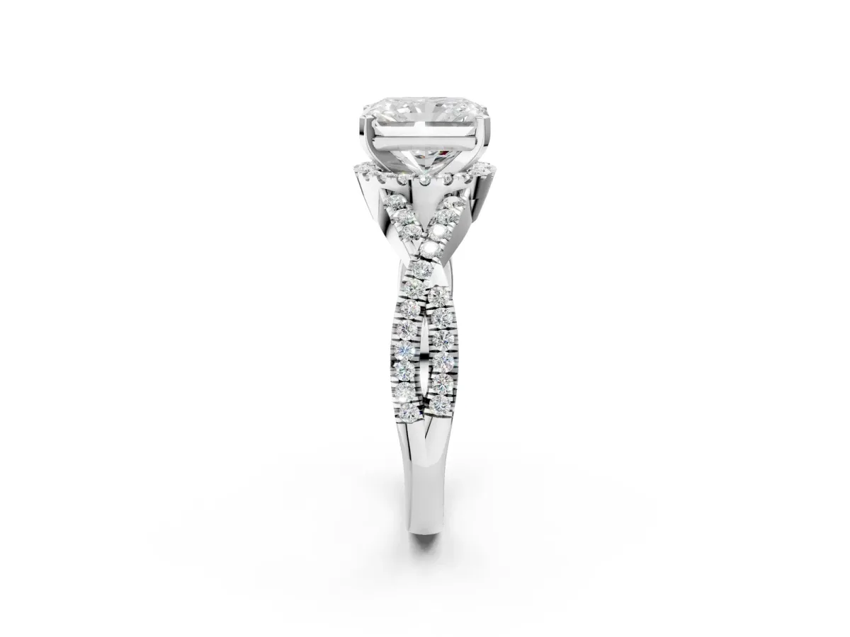 Radiant Cut Diamond Moissanite Halo Twist Band Solitaire Prong Setting Ring White gold
