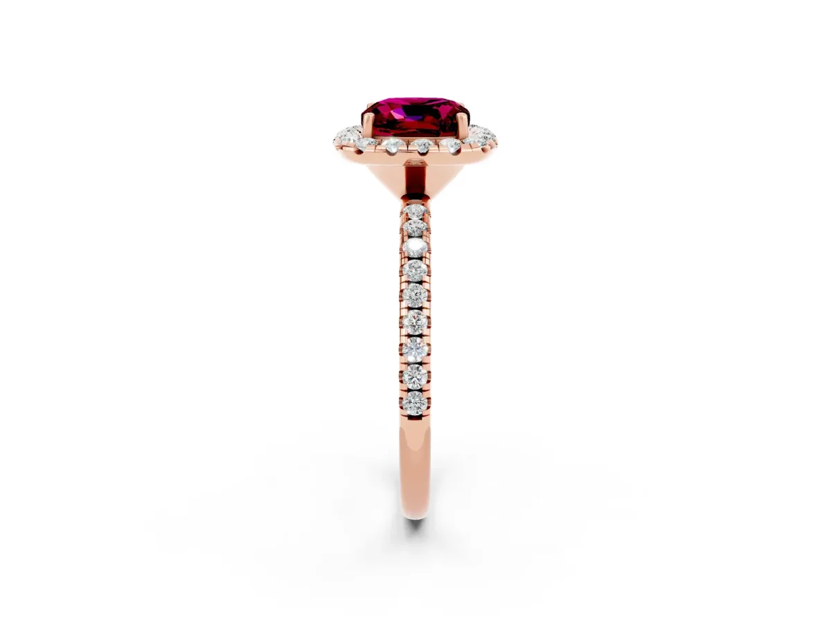 Cushion Cut Garnet Halo Ring with Round Pavé Band and Prong Setting Rose gold