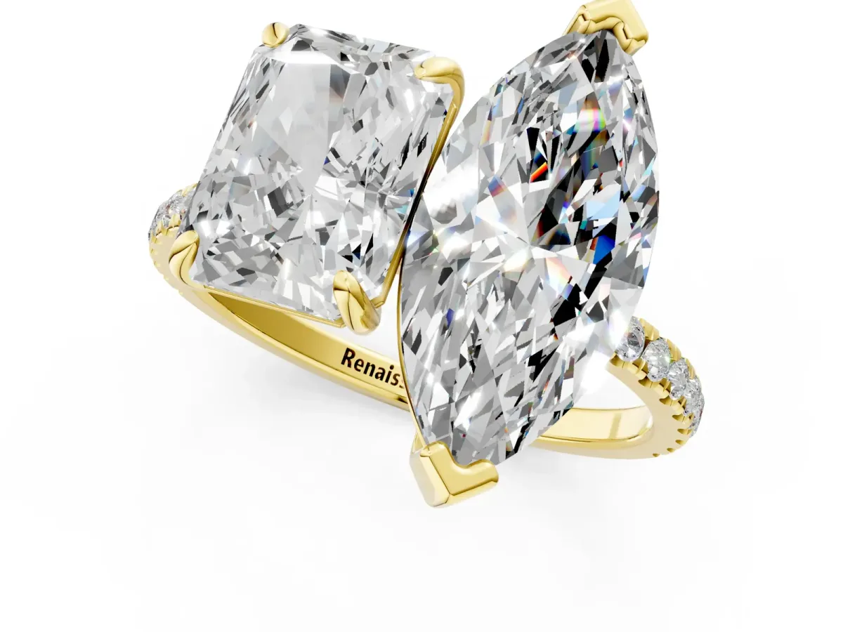Radiant and Marquise Toi Moi Ring with Prong Setting and Pave Band Yellow gold
