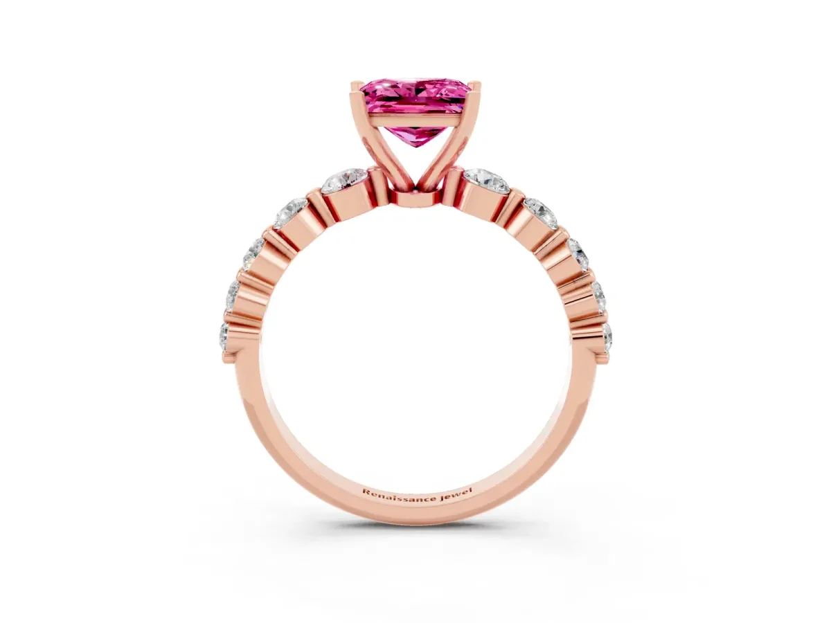 Princess Cut Solitaire Pink Sapphire Ring with Pave Band and Four-Prong Setting Rose gold