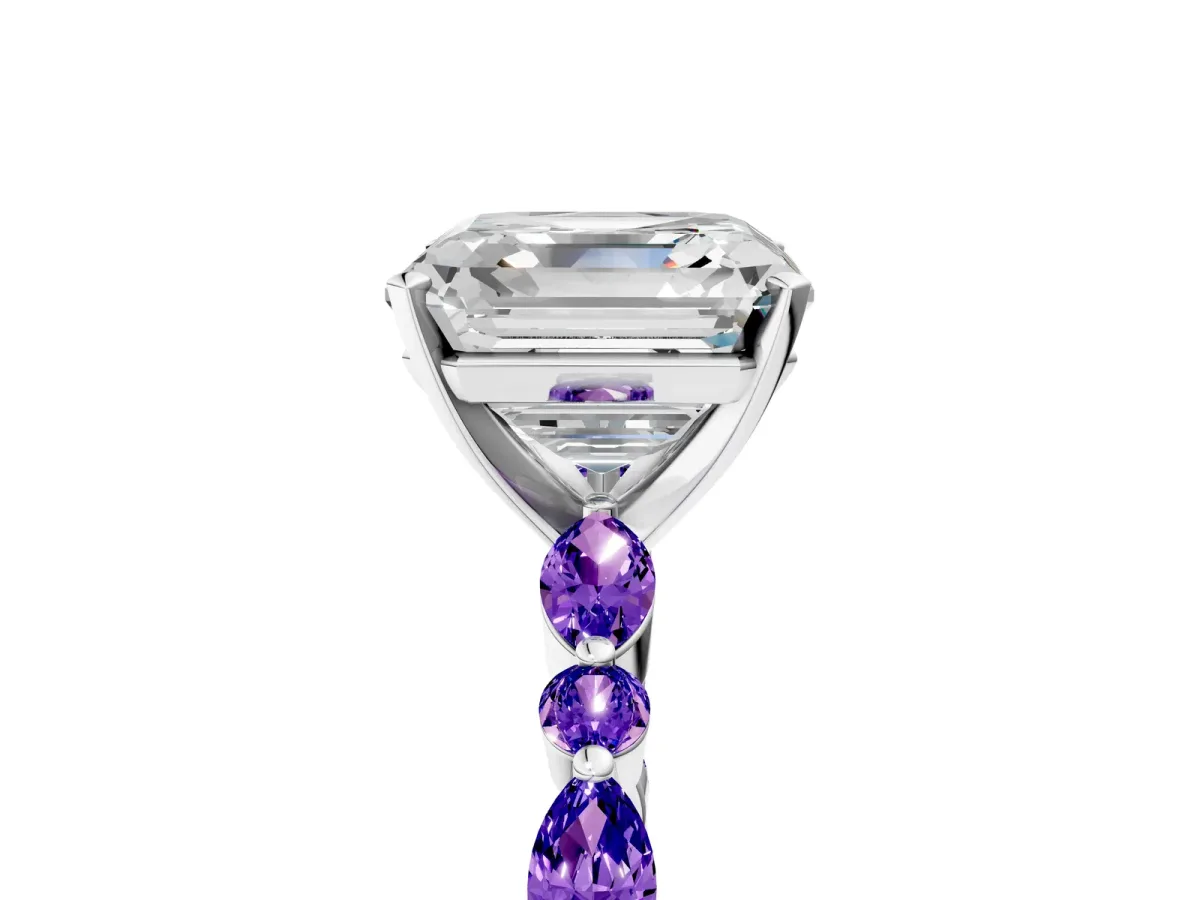 Asscher Cut Diamond Ring with Marquise and Round Tanzanite Side Stones and Four-Prong Setting White gold