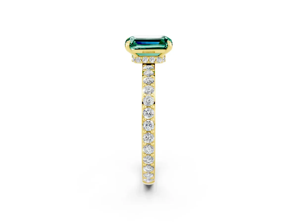 Emerald Cut Green Sapphire Solitaire Engagement Ring with Pavé Band and Four-Prong Setting Yellow gold