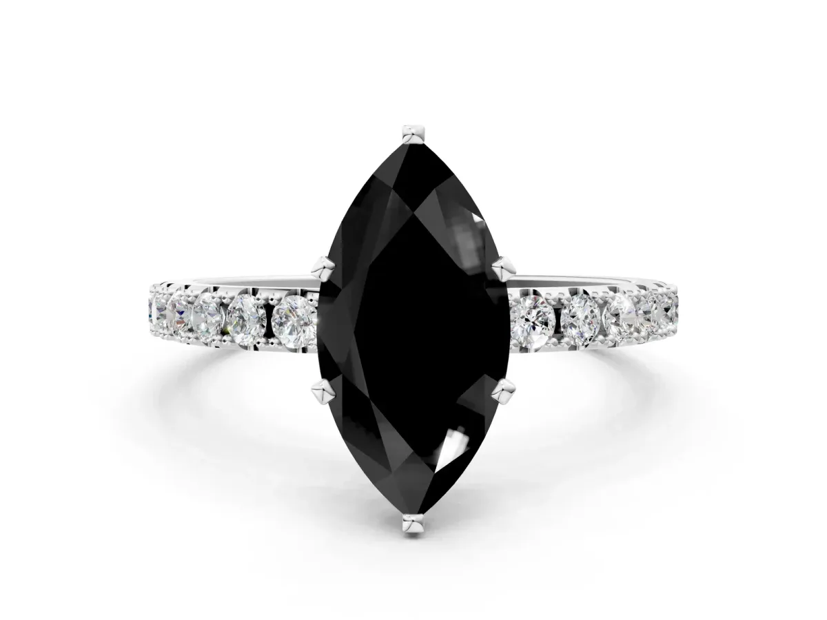 Fancy Black Marquise Cut Diamond Solitaire Pavé Band with Four-Prong Setting Platinum