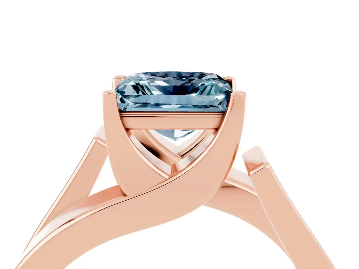 Modern Tension Set Princess Cut Aquamarine Solitaire Wide Band Ring Rose gold