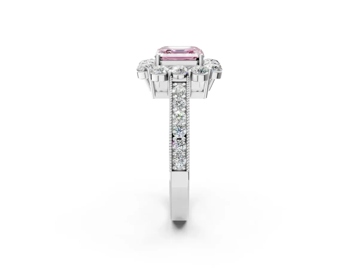 Fancy Pink Asscher Cut Cut Halo Diamond Pavé Engagement Ring with Milgrain Detailing Platinum