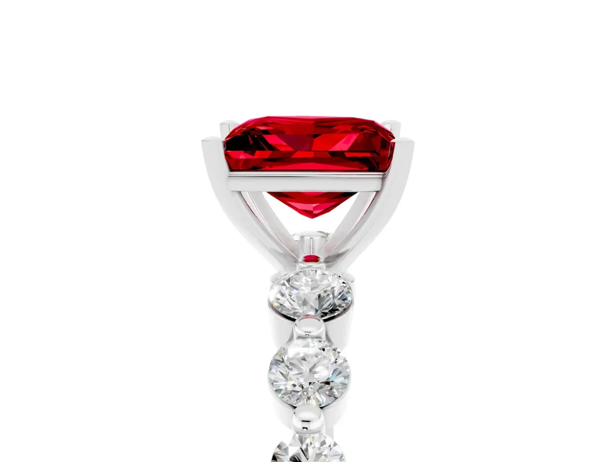 Princess Cut Solitaire Ruby Ring with Pave Band and Four-Prong Setting Silver