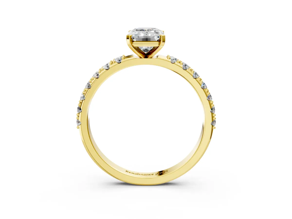 Emerald Cut Diamond Solitaire Pavé Band with Four-Prong Setting Yellow gold