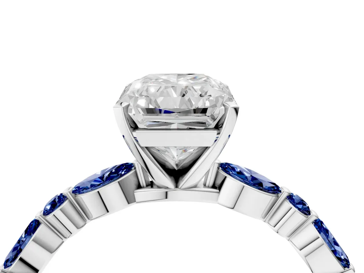 Radiant Cut Diamond Ring with Marquise and Round Blue Sapphire Side Stones and Four-Prong Setting Platinum