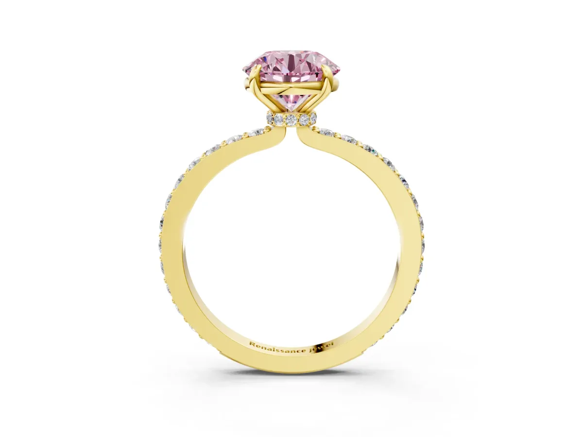 Fancy Pink Round Cut Diamond Solitaire Engagement Ring with Pavé Band and Four-Prong Setting Yellow gold