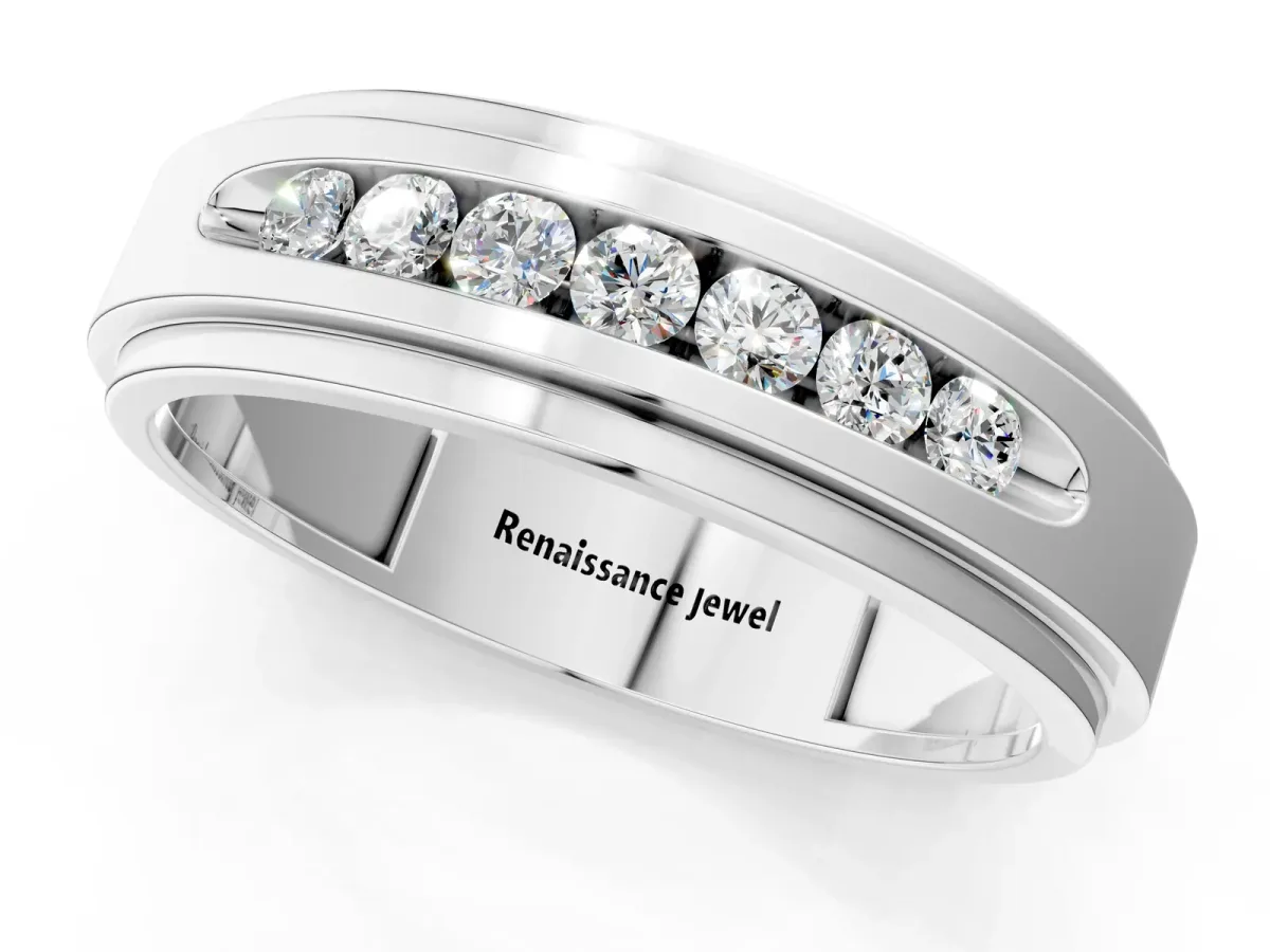 Round Diamond Seven-Stone Channel Set Mens Band White gold