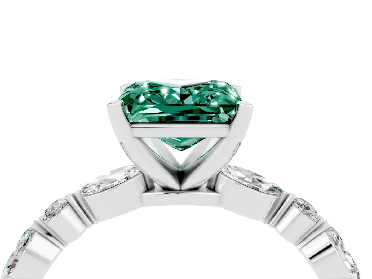 Princess Cut Green Sapphire Ring with Marquise and Round Side Stones and Four-Prong Setting Platinum