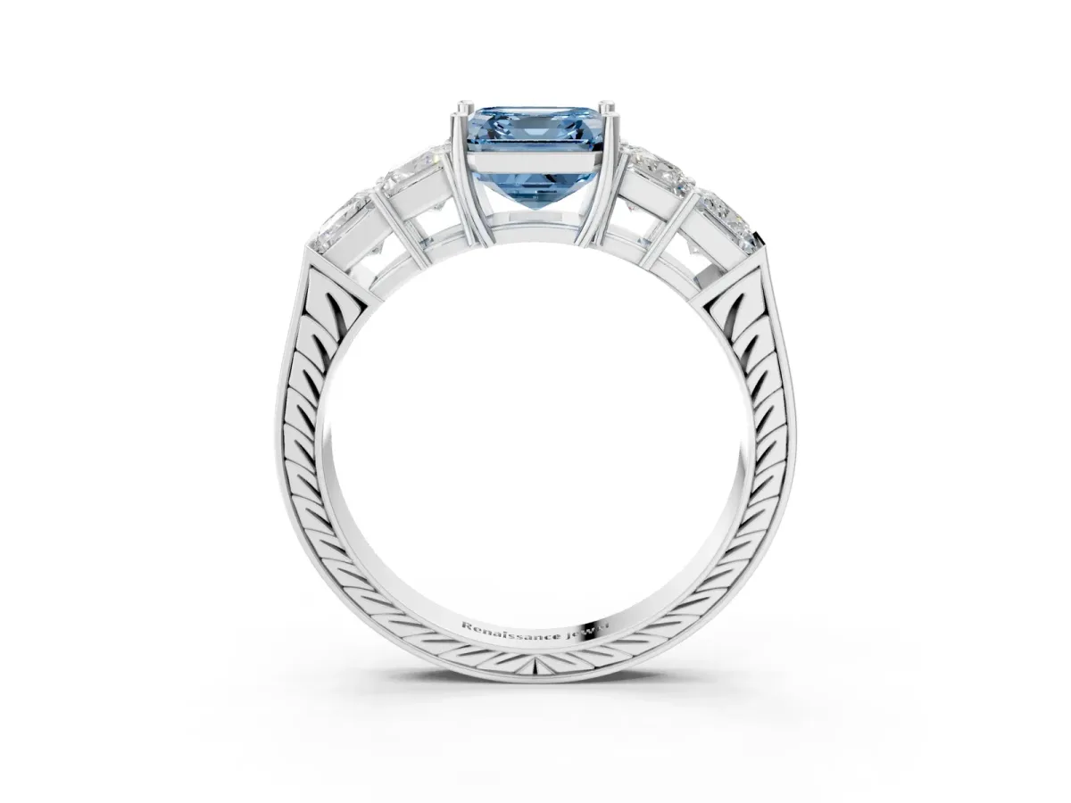 Fancy Blue Asscher Cut Solitaire Princess Side Stone Engraved Band Prong Setting Ring Silver
