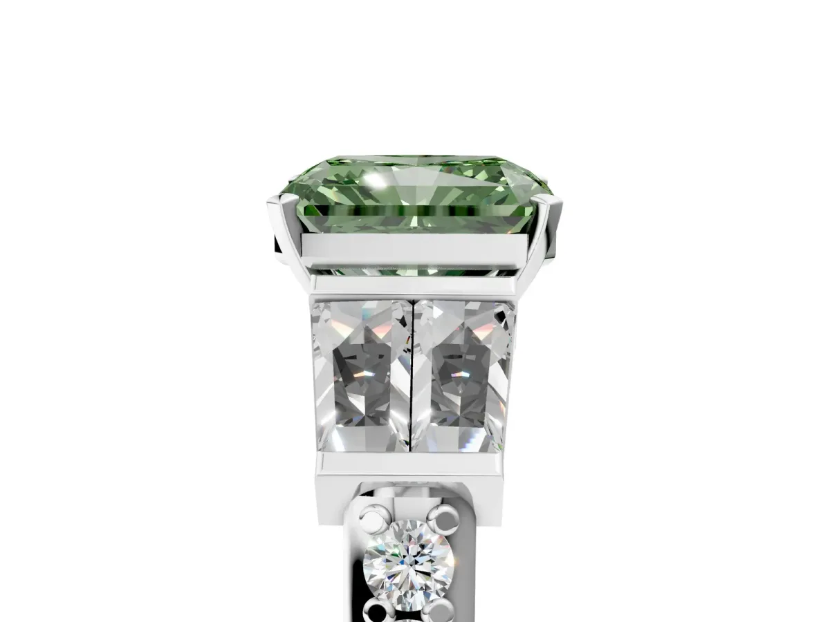 Fancy Green Radiant Cut Diamond Engagement Ring with Baguette Side Stones and Channel Set Band Platinum